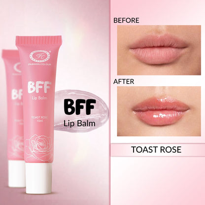 FASHION COLOUR BFF Lip Balm in Toast Rose, showing the tube with the cap off and the balm visible, highlighting its natural pink shade.