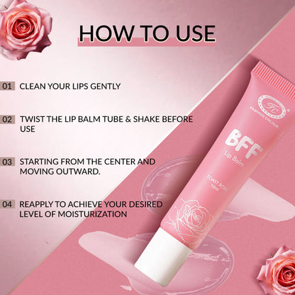 FASHION COLOUR BFF Lip Balm in Toast Rose, showing a close-up of the tinted lip balm tube with a soft pink hue.