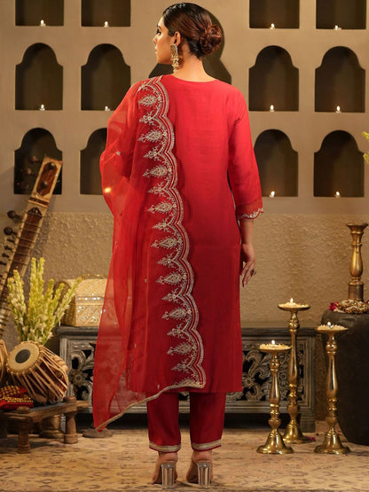 Indyancart IE Women's Women Ethnic Motifs Embroidered Regular Liva Kurta with Trousers & With Dupatta