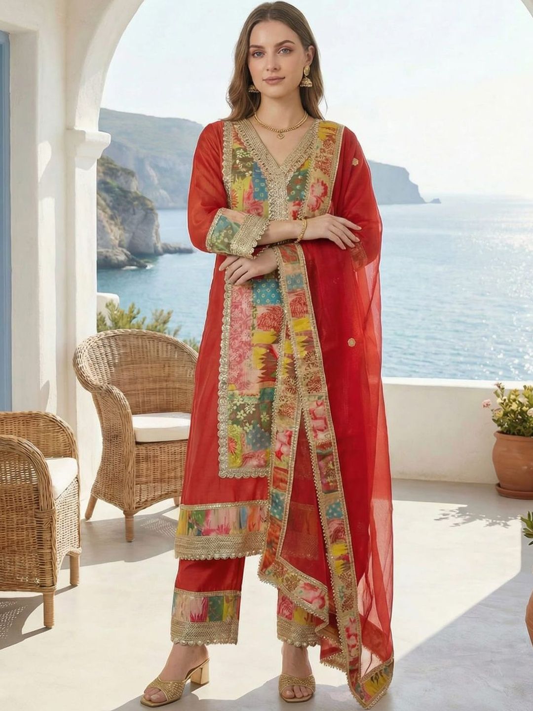 Indyancart IE Women Floral Printed Regular Gotta Patti Kurta with Palazzos & With Dupatta