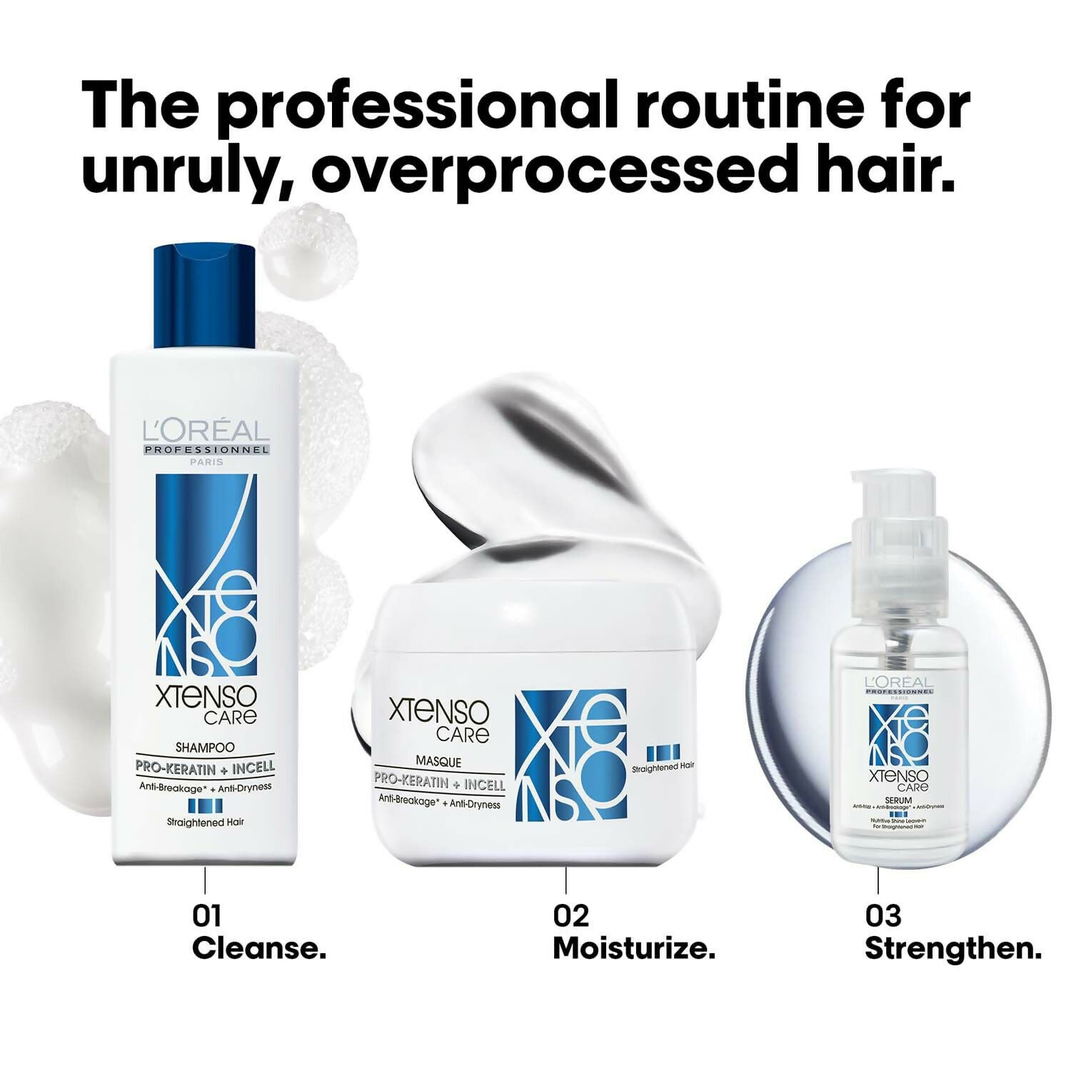 L'Oréal Professionnel Xtenso Care leave-in serum for hair, showing a sleek bottle with the product label and applicator.