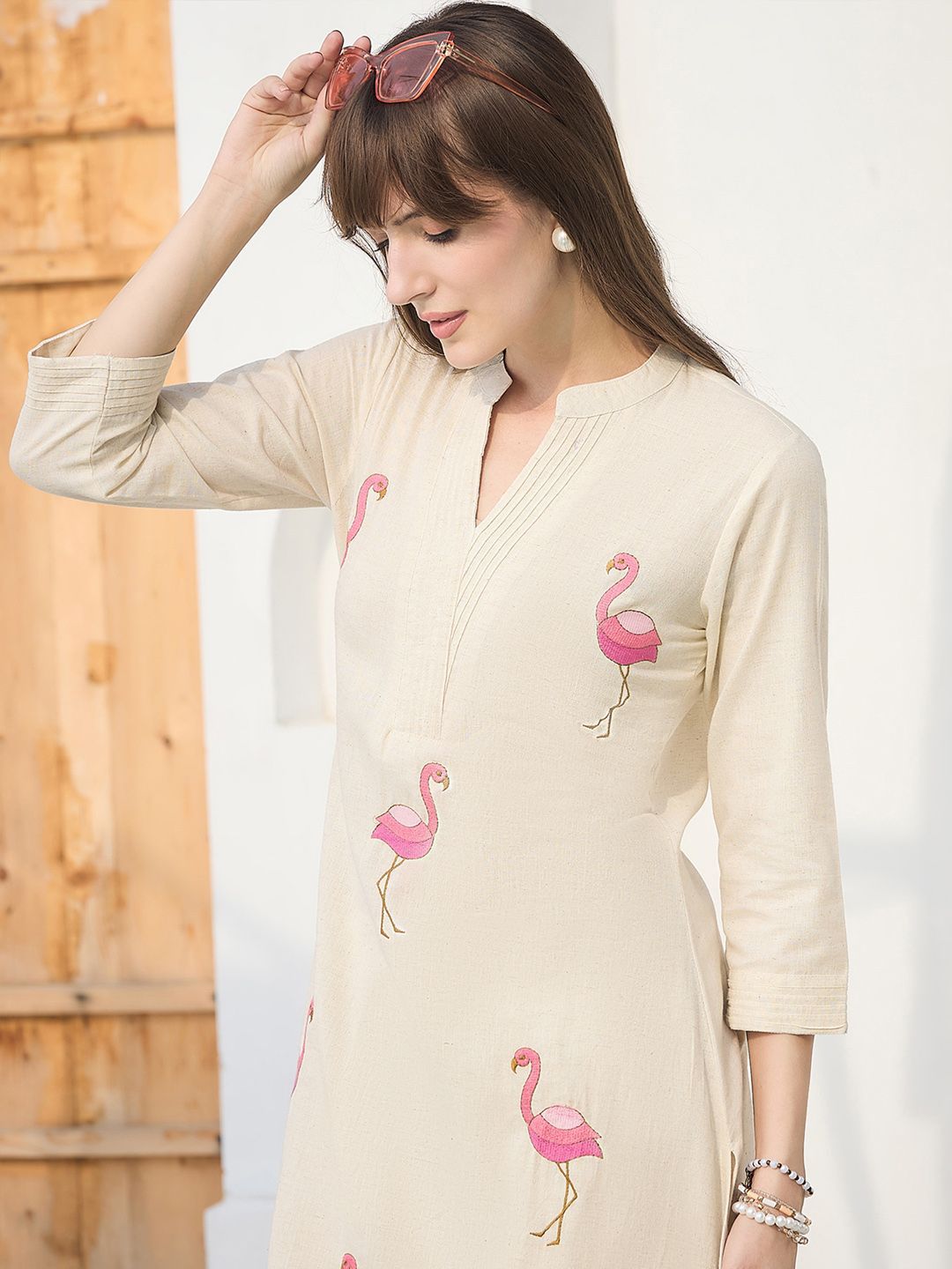 Indyancart IE Floral Printed Pure Cotton Mandarin Collar Tunic With Trousers