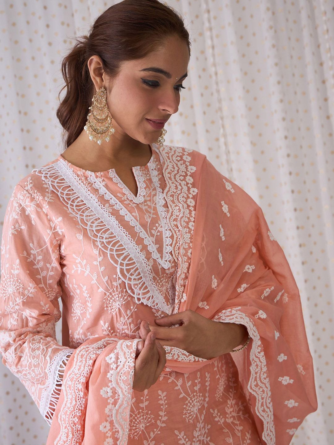 Floral Embroidered Pure Cotton Straight Kurta With Trousers & Dupatta