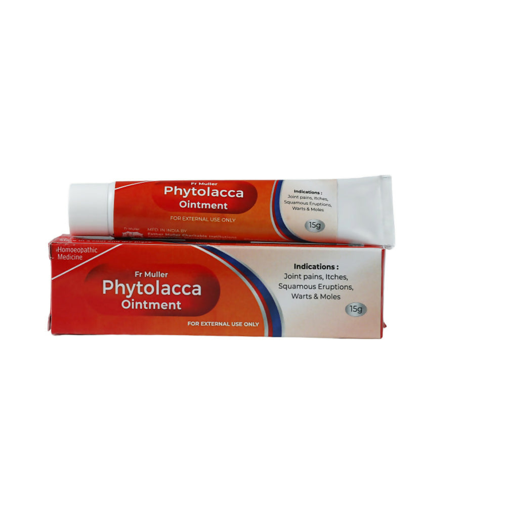 Father Muller Phytolacca homeopathy ointment jar with label and open lid, showcasing the herbal remedy container.