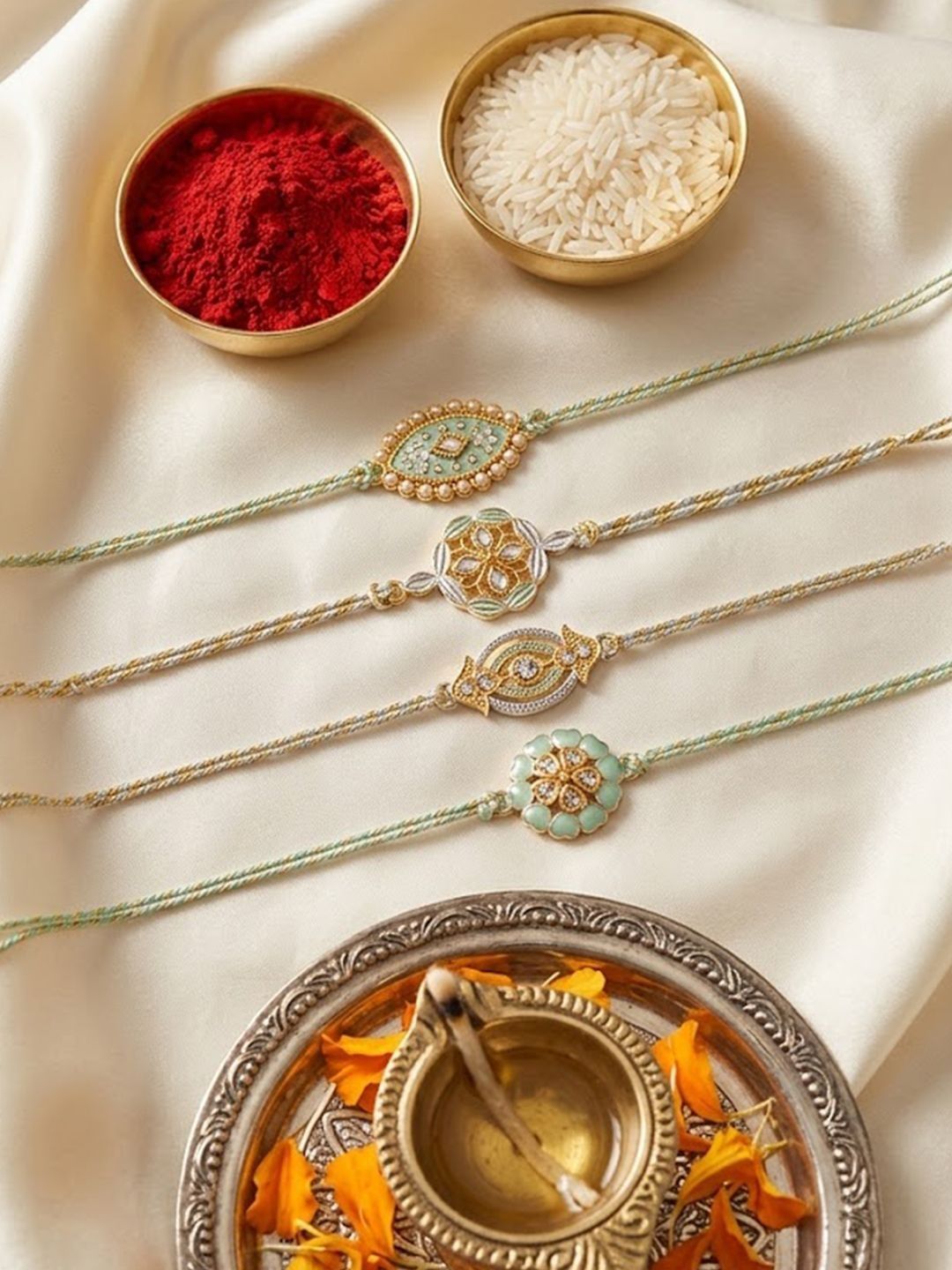 Anouk Set Of 4 White Artificial Stones & Green Thread Rakhi