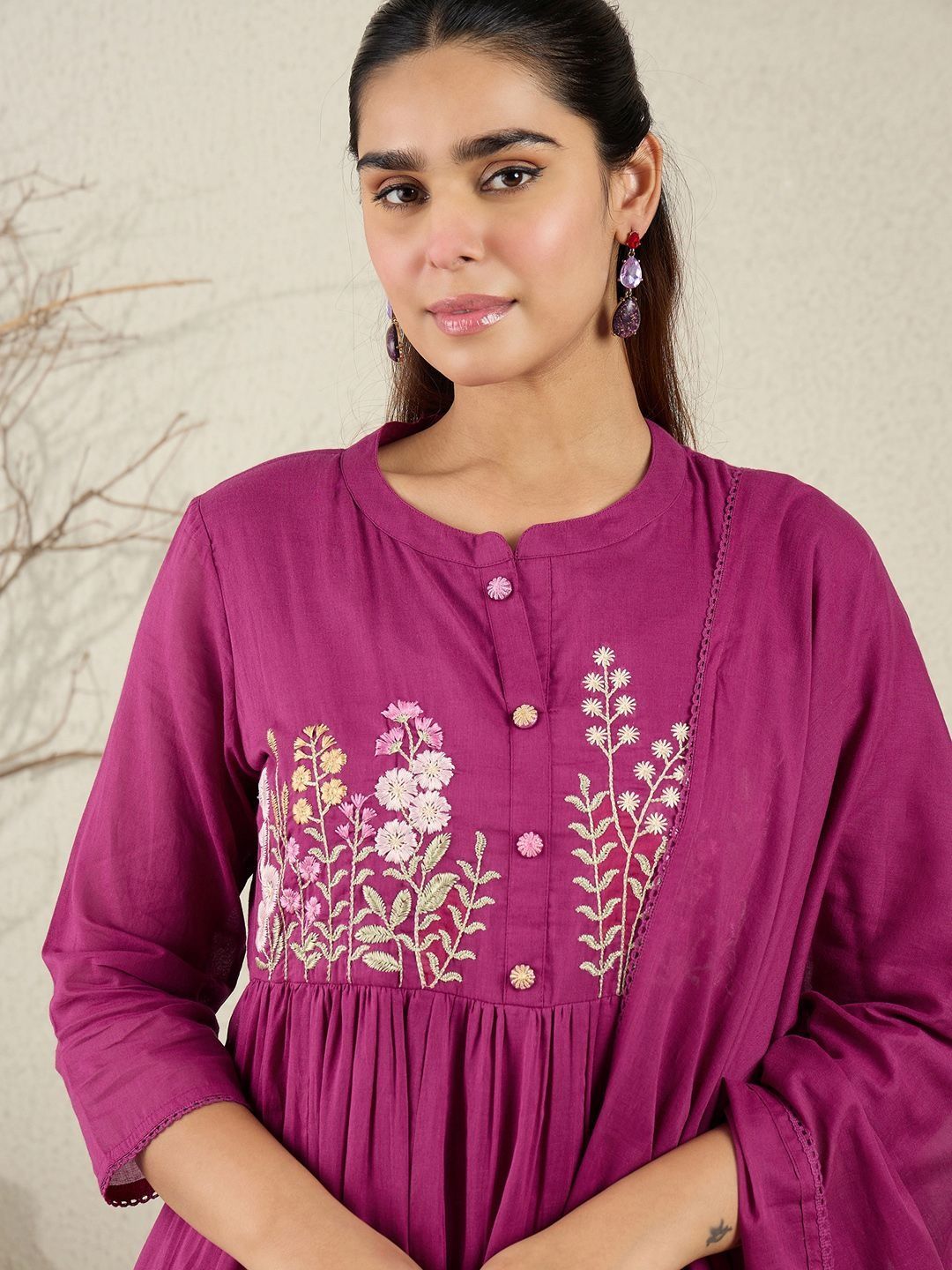 Women Floral Embroidered Cotton Anarkali Kurta with Trousers & Dupatta