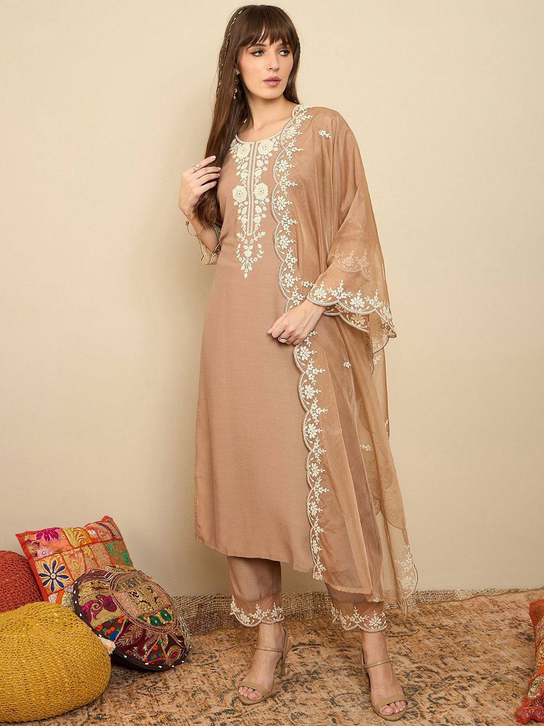 Floral Yoke Design Thread Work Straight Kurta With Trousers & Dupatta
