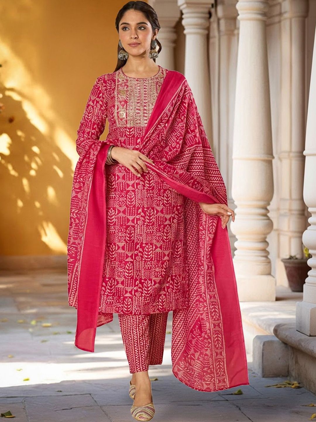 Women Ethnic Motifs Printed Regular Thread Work Pure Cotton Kurta with Trousers & With Dupatta