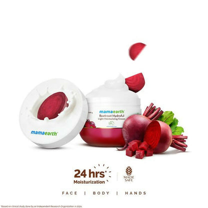 Mamaearth Beetroot Hydraful Light Moisturizing Cream with beetroot and hyaluronic acid, showing the pink-tinted face cream in a jar.