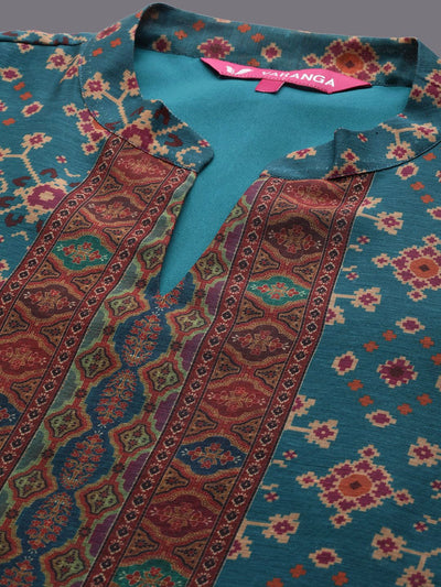 Indyancart VA Women'sFloral Printed Mandarin Collar Chanderi Silk Kurta With Trousers & Dupatta
