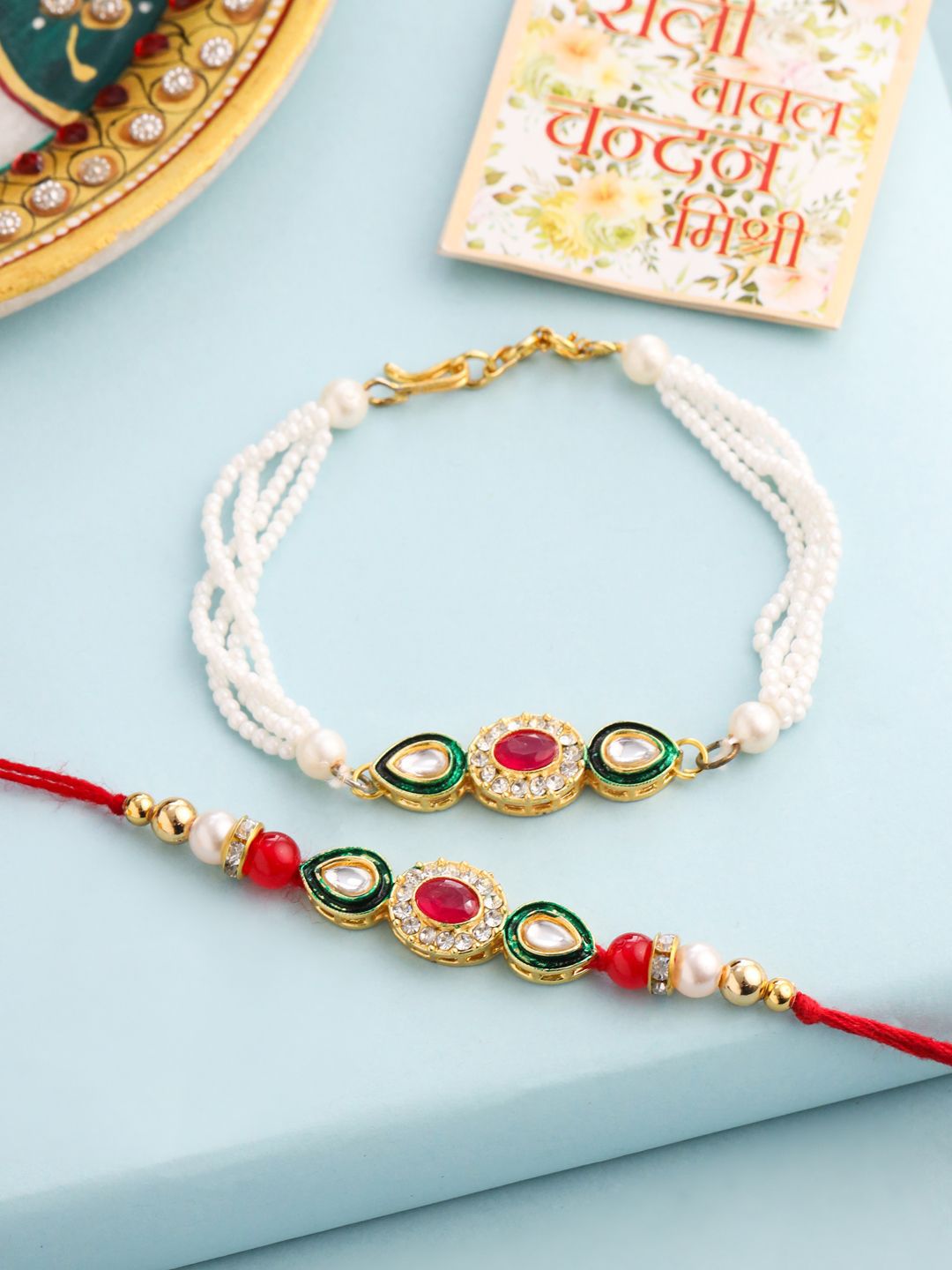 Anouk Set Of 2 Multicolor Oval Shape Kundan Studded & Beads Bhaiya Bhabhi Rakhi
