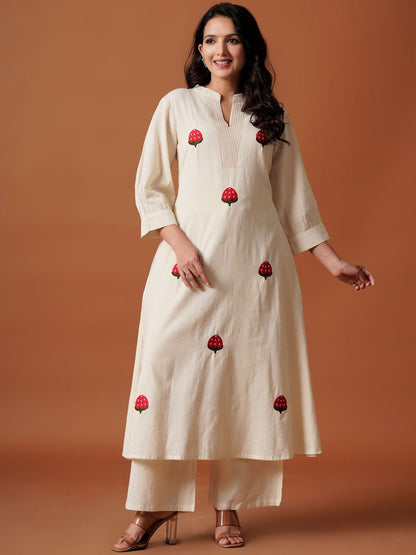 Dhiyona IE Embroidered Mandarin Collar Pure Cotton A-Line Top With Trousers