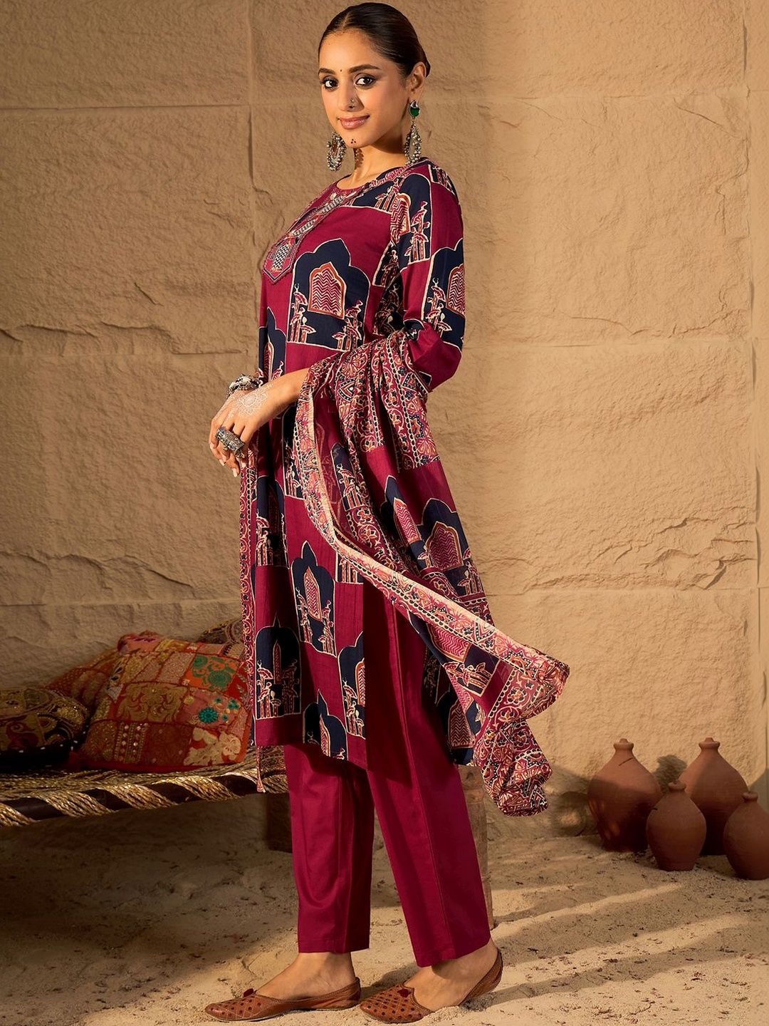 Women Ethnic Motifs Printed Regular Pure Cotton Kurta with Trousers & With Dupatta
