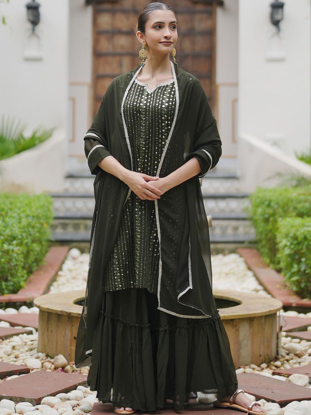Indyancart IE Ethnic Motifs Embroidered Sequinned Kurta With Sharara & Dupatta