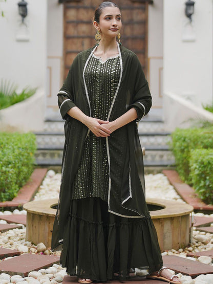 Indyancart IE Ethnic Motifs Embroidered Sequinned Kurta With Sharara & Dupatta