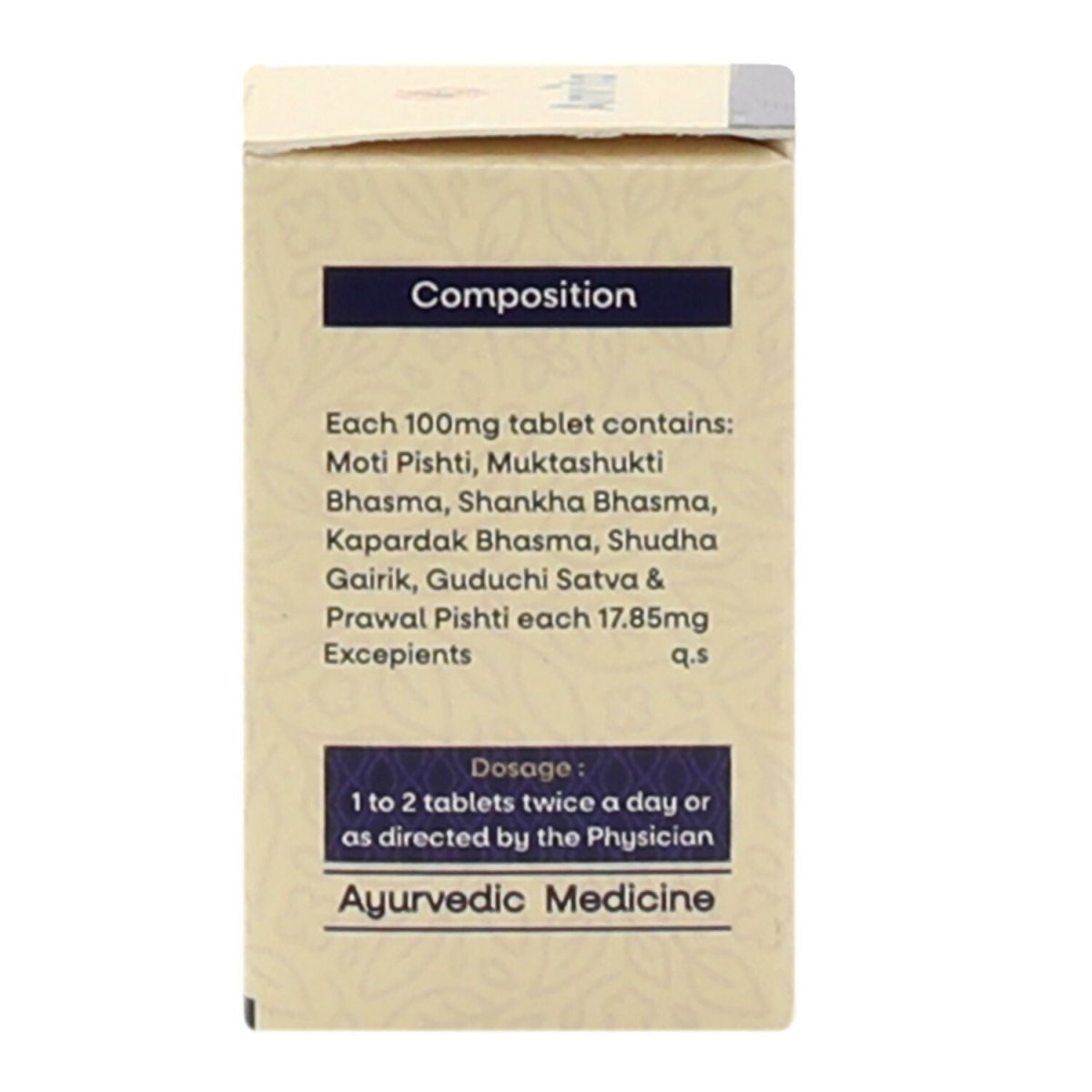 Amrita Kamdudha Ras Moti Ayurvedic tablets in a glass jar with tablets spilling out, traditional packaging visible.