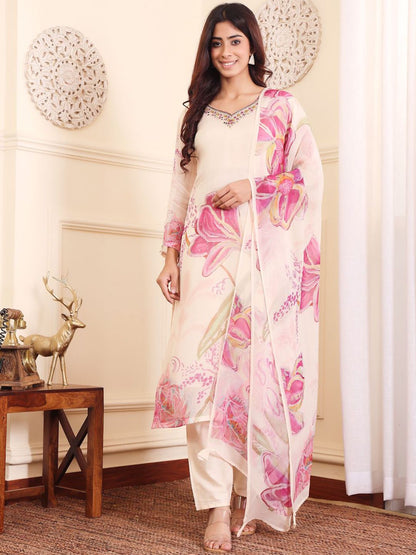 Indyancart VA Floral Embroidered Pure Silk Straight Kurta with Palazzos & With Dupatta