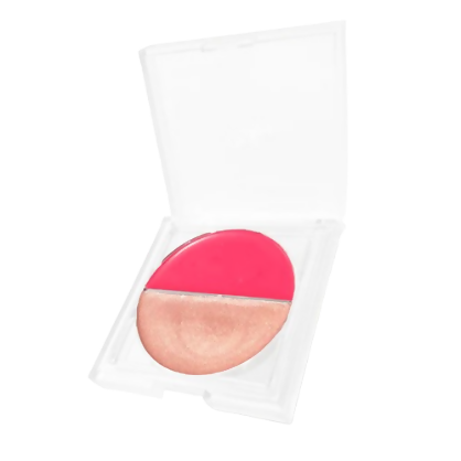 Ruby's Organics Crème Duo with Poppy Pink blush and Illuminate highlighter, creamy makeup products in open compact containers.