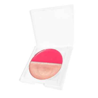 Ruby's Organics Crème Duo with Poppy Pink blush and Illuminate highlighter, creamy makeup products in open compact containers.