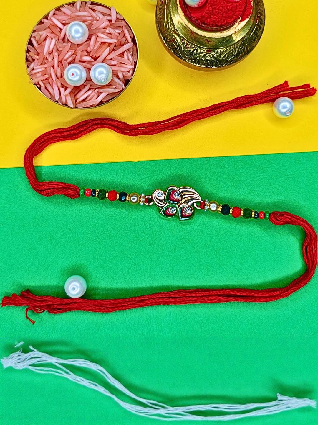 Anouk Set Of 3 Beaded Cotton Thread with AD Stones & Meenakari Designer Rakhi for Brother