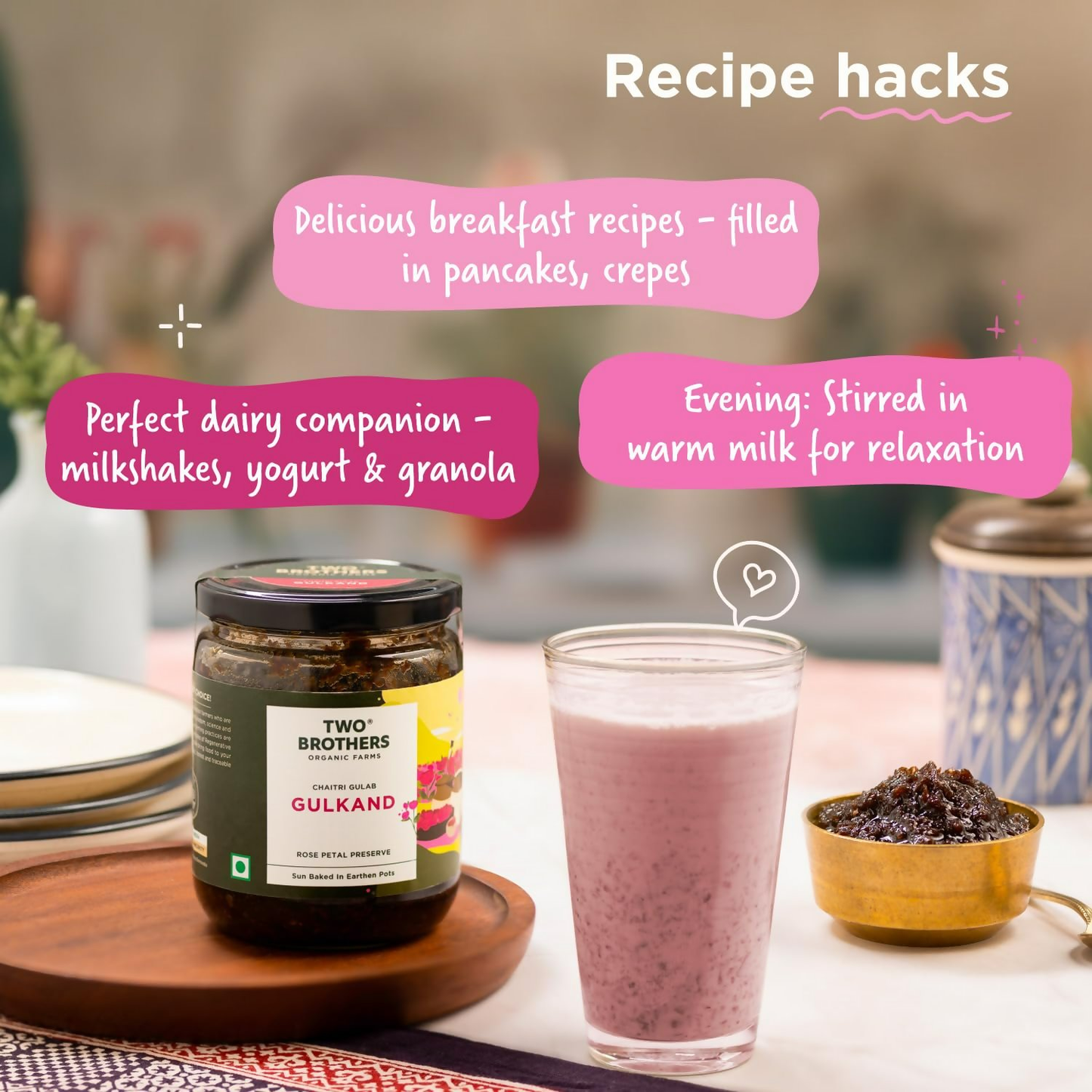Two Brothers Organic Farms natural Gulkand spread in a jar, showcasing its rose petal and herbal ingredients.