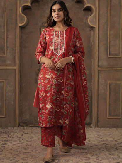 Floral Printed Round Neck Straight Kurta With Trousers & Dupatta