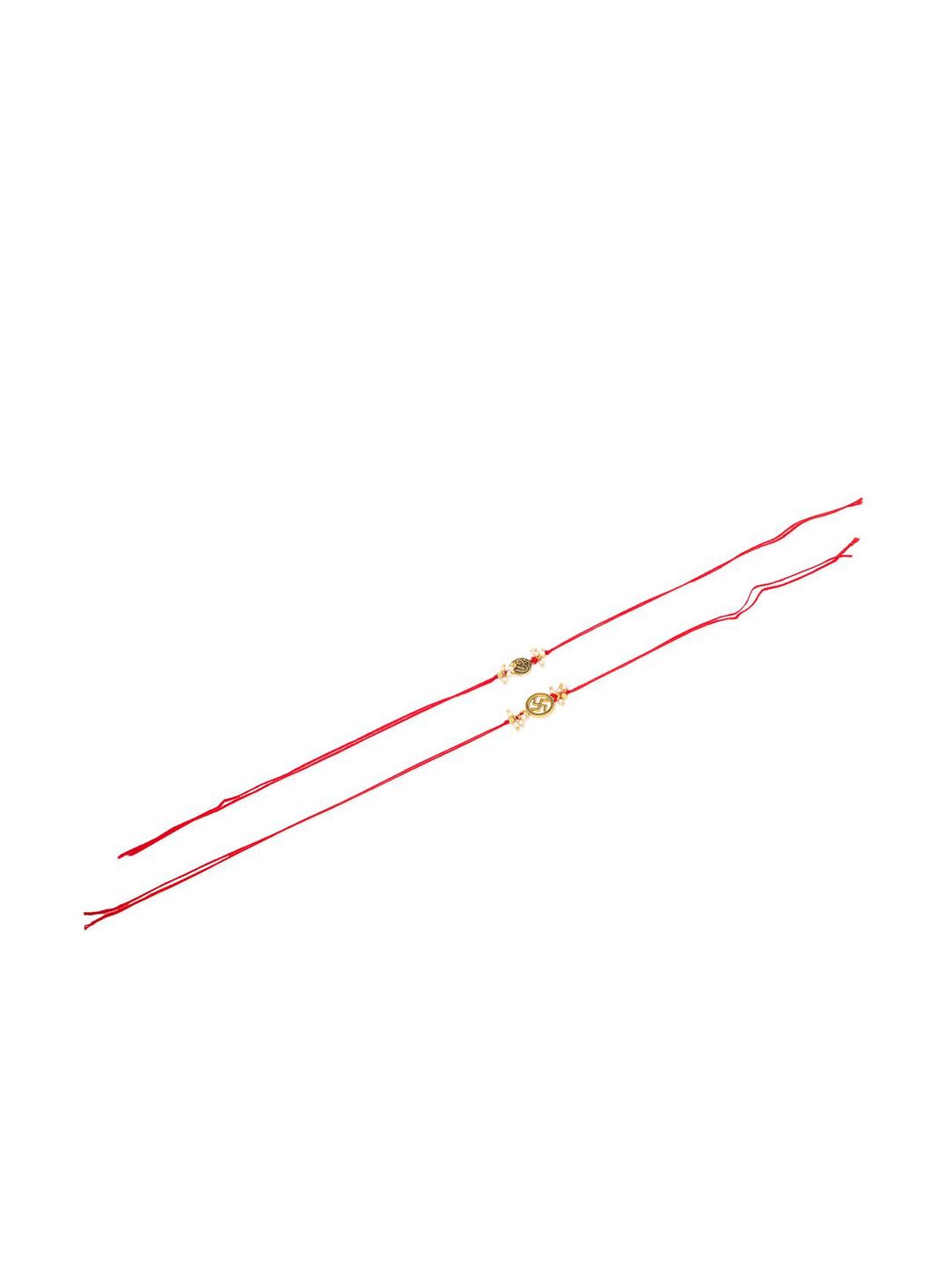 Anouk Men Set Of 2 Gold Toned Pearls Swastik Desgin Thread Rakhi With Roli Chawal
