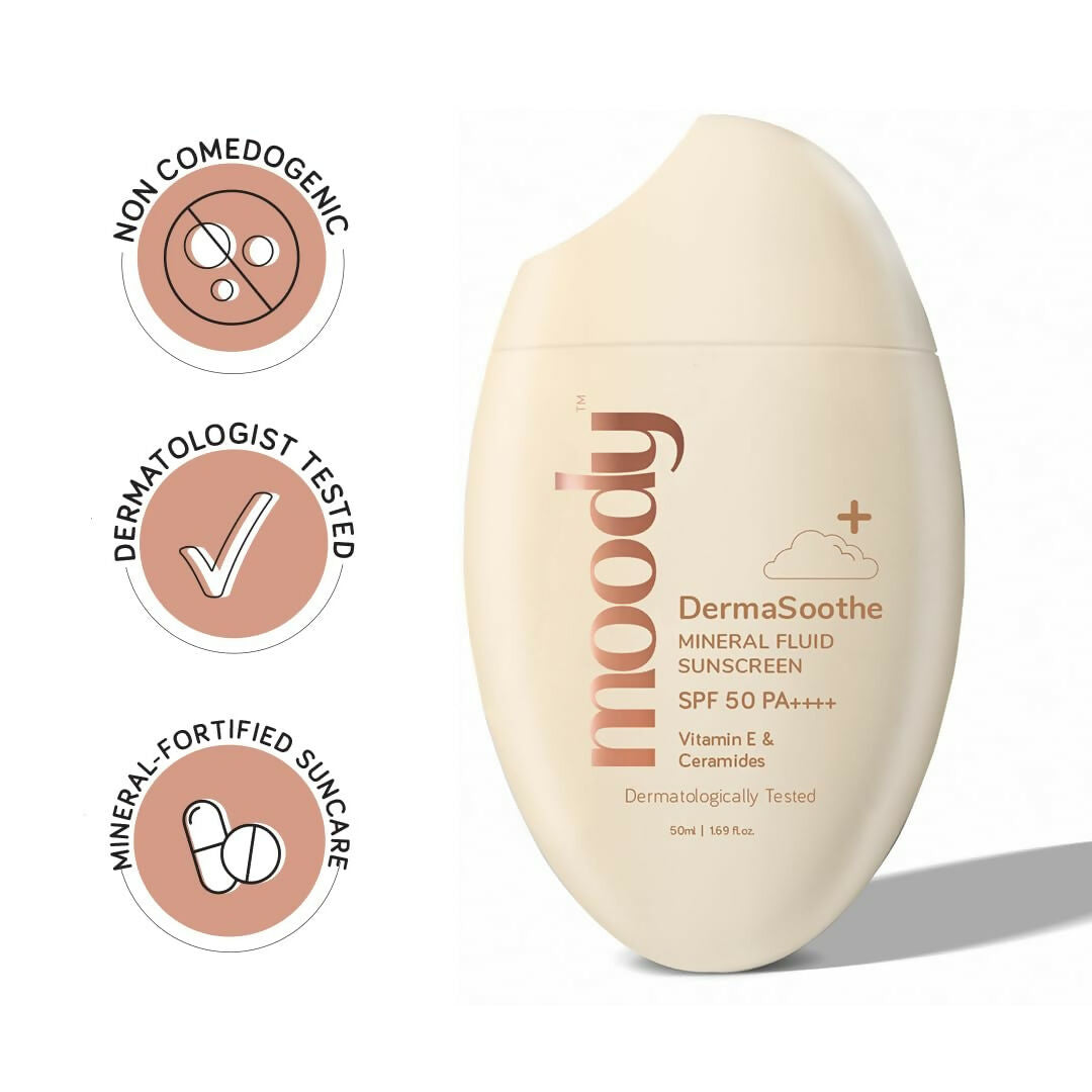 Moody SensiSoothe Mineral Brightening Sunscreen Serum with ceramides and rice, in a pump bottle with a white cap.