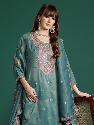 Dhiyona IE Ethnic Motifs Embroidered Sequinned Kurta with Palazzos & Dupatta