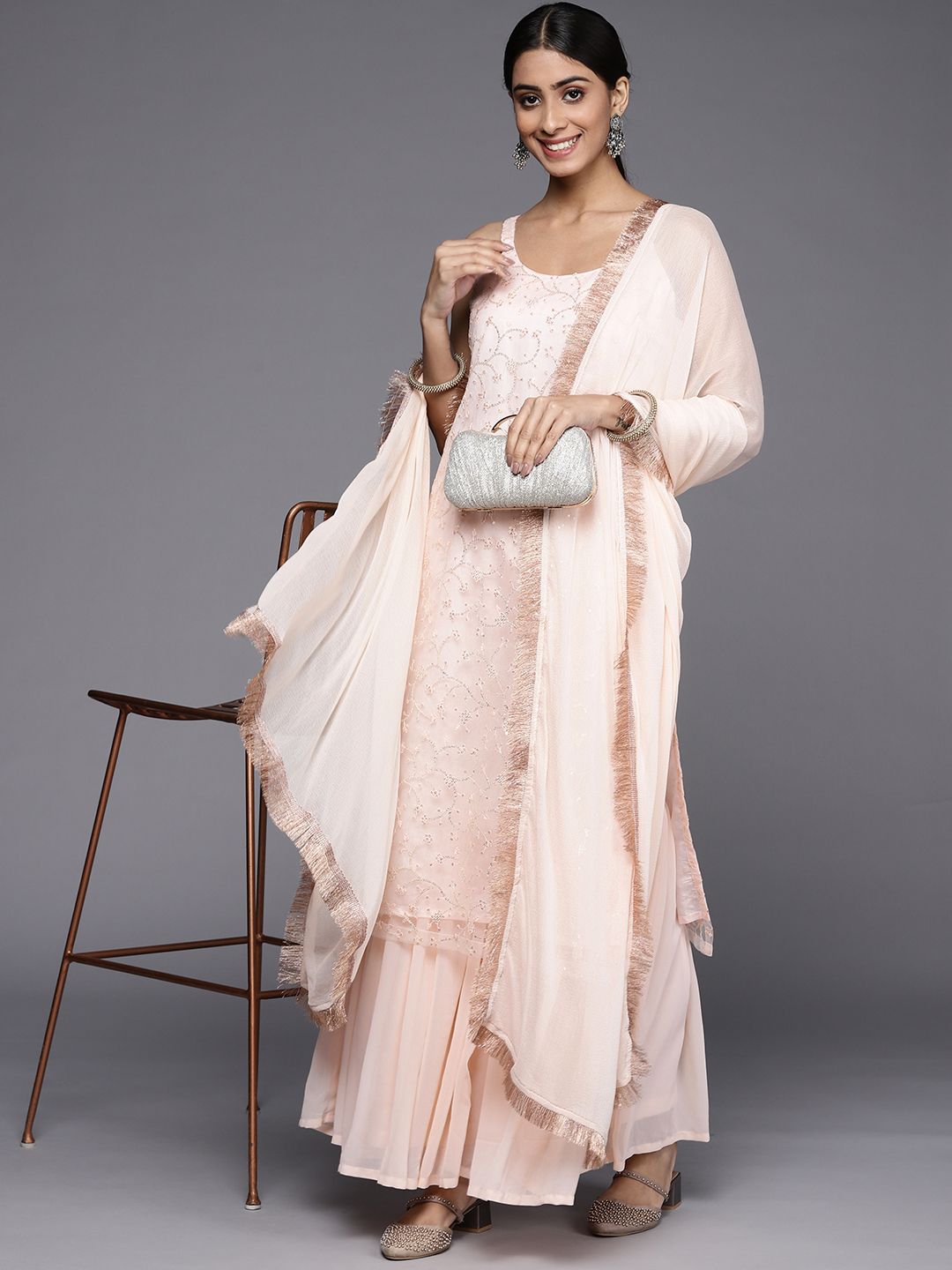 Indyancart VA Women Peach-Coloured Floral Sequinned Kurta with Sharara & With Dupatta
