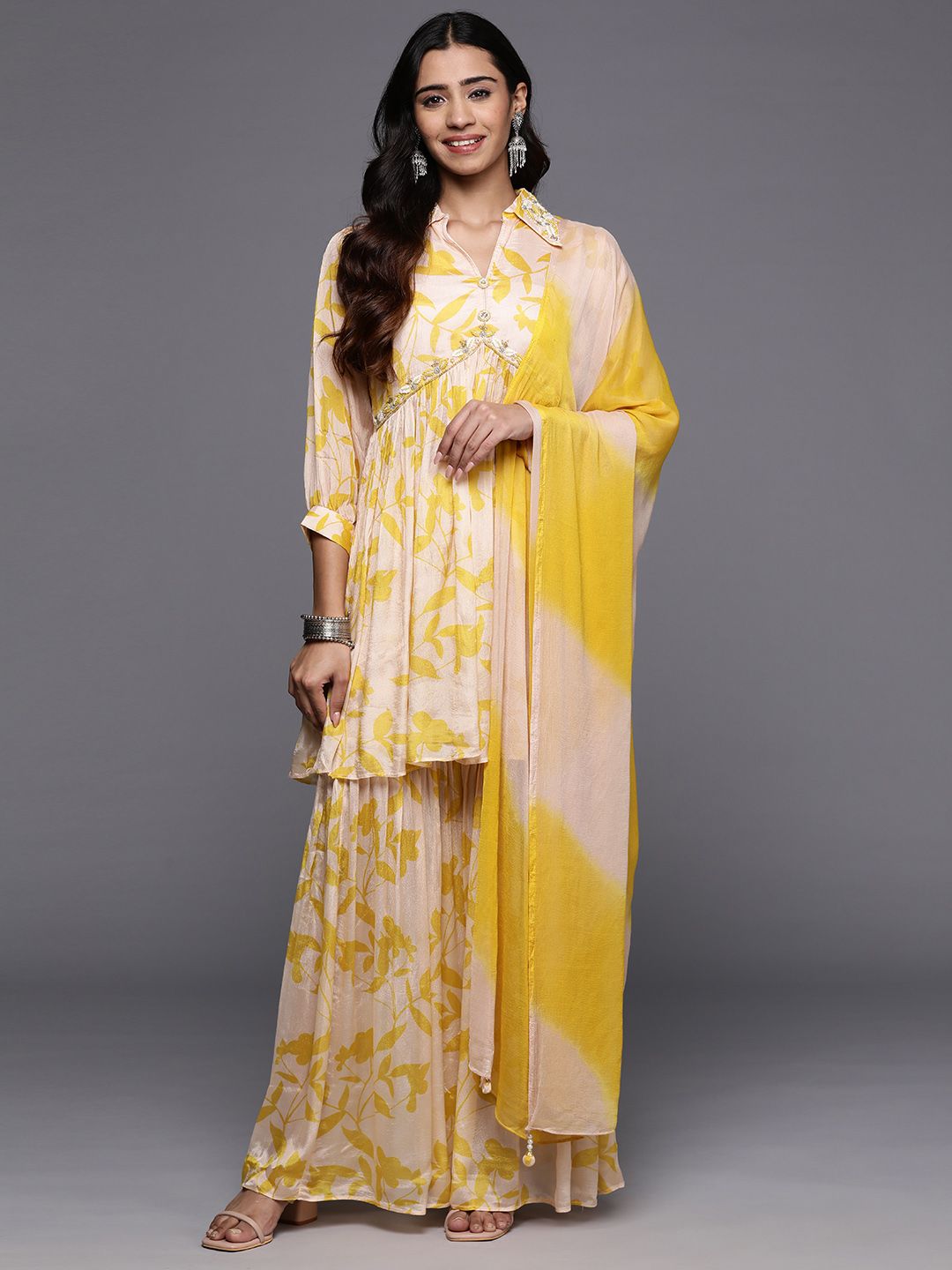 Indyancart VA Floral Embroidered Empire Beads & Stones Pure Silk Kurti with Sharara & Dupatta