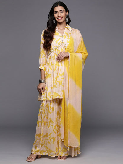 Indyancart VA Floral Embroidered Empire Beads & Stones Pure Silk Kurti with Sharara & Dupatta