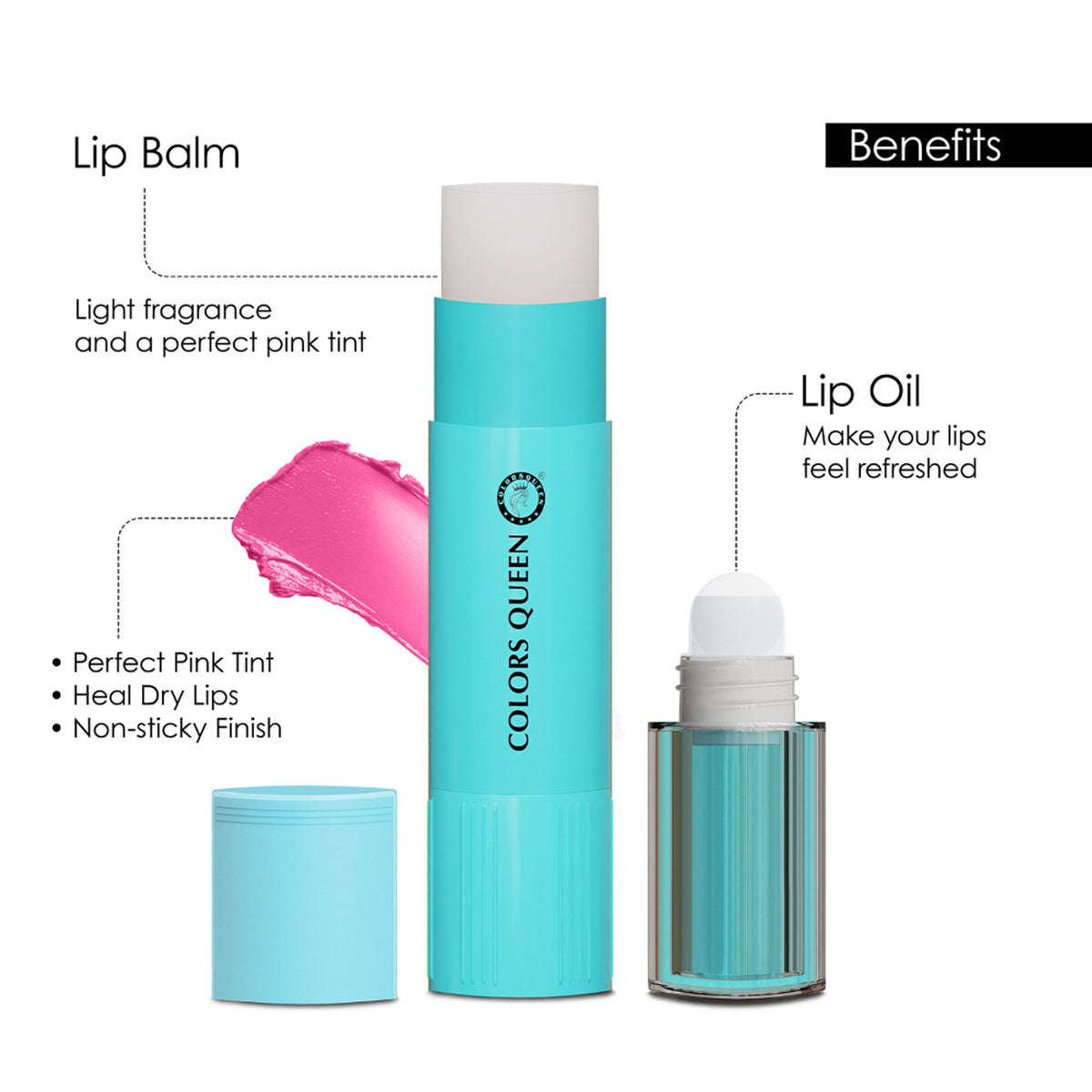 Colors Queen Magic Color 2-in-1 lip oil and balm in icy cool shade, featuring sleek packaging and a glossy finish.
