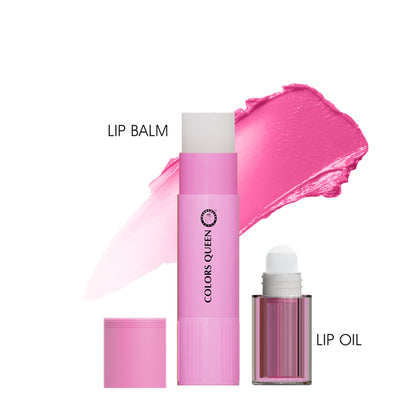 Colors Queen Magic Color 2-in-1 Lip Oil and Lip Balm in Pink Rose, featuring a sleek tube with a glossy finish and pink rose accents.