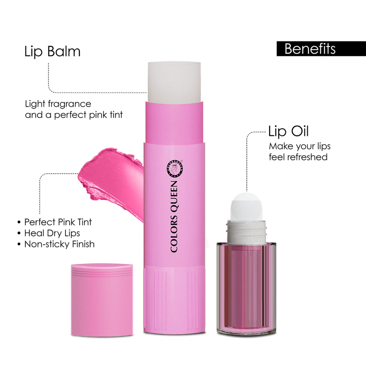 Colors Queen Pink Rose 2-in-1 lip oil and lip balm in a sleek tube, featuring a glossy finish and floral pink packaging.