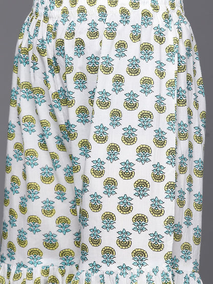 Indyancart VA Women's Sea Green & White Floral Printed Gotta Patti Pure Cotton Kurta with Sharara