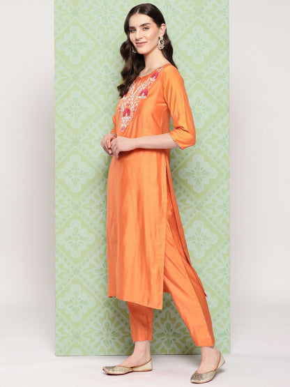 Dhiyona IE Women Floral Yoke Design Regular Liva Kurta with Trousers & Dupatta