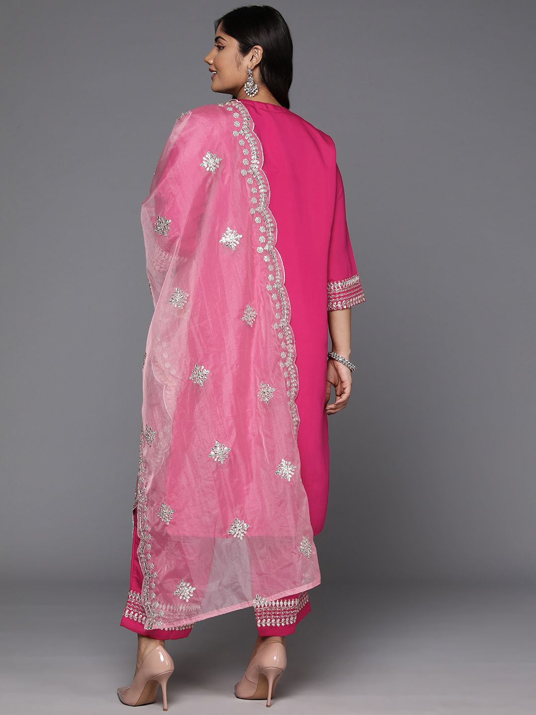 Indyancart Women's Plus Size Ethnic Motifs Embroidered Gotta Patti Kurta with Trousers & Dupatta