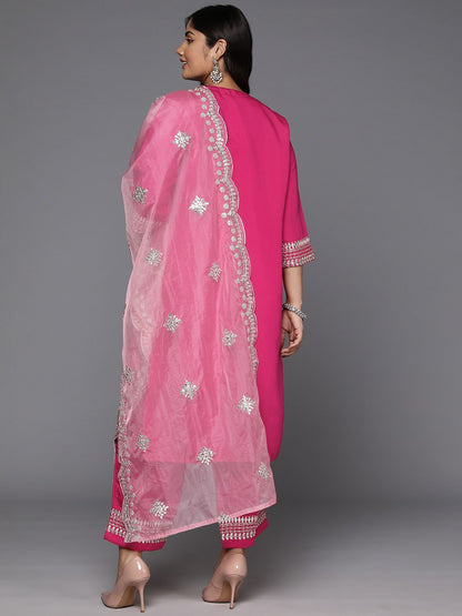 Indyancart Women's Plus Size Ethnic Motifs Embroidered Gotta Patti Kurta with Trousers & Dupatta