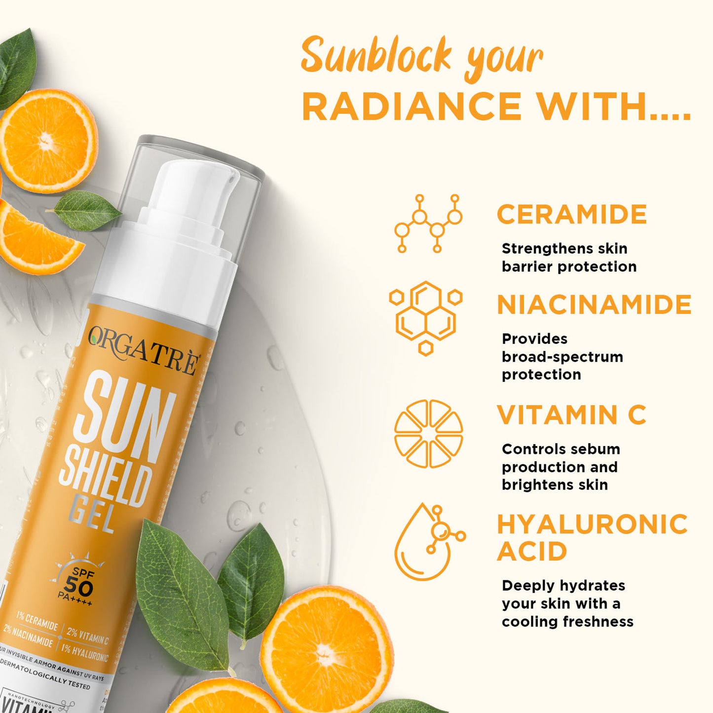 Orgatre Cooling Aqua Gel Sunscreen SPF 50 PA++++ With Niacinamide & Vit C Sunscreen Water Based Gel