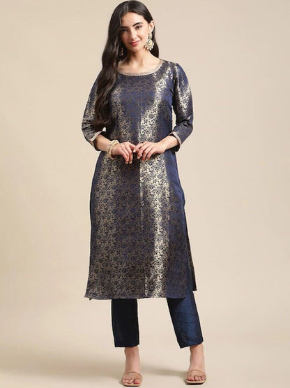 Indyancart VA Women's Blue & Gold Floral Brocade Gotta Patti Straight Winter Kurta with Trousers