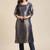 Indyancart VA Women's Blue & Gold Floral Brocade Gotta Patti Straight Winter Kurta with Trousers