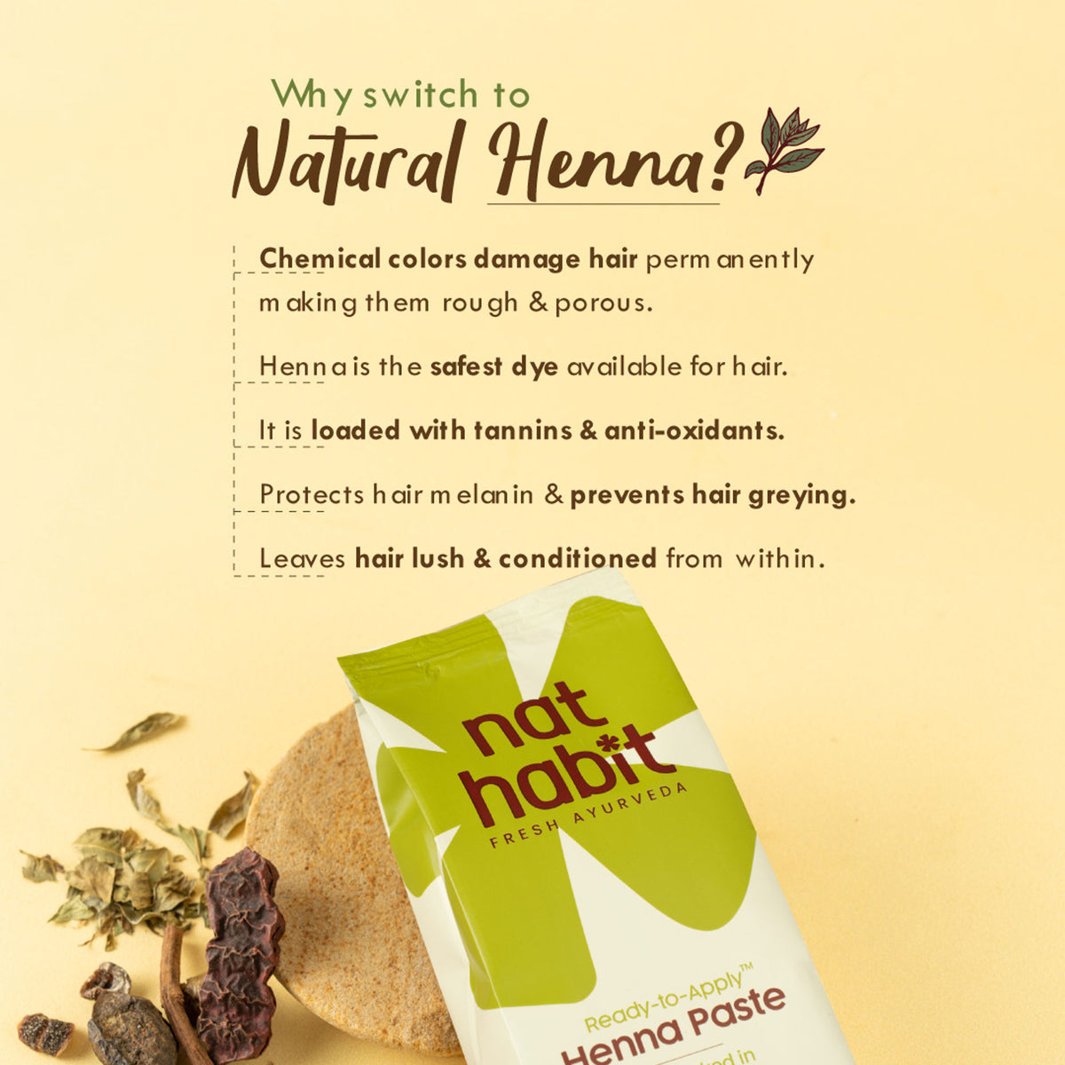 Nat Habit Ready-To-Apply Henna Paste Pre-Soaked In Black Tea, Rosemary Oil & Herbs - Dark Brown