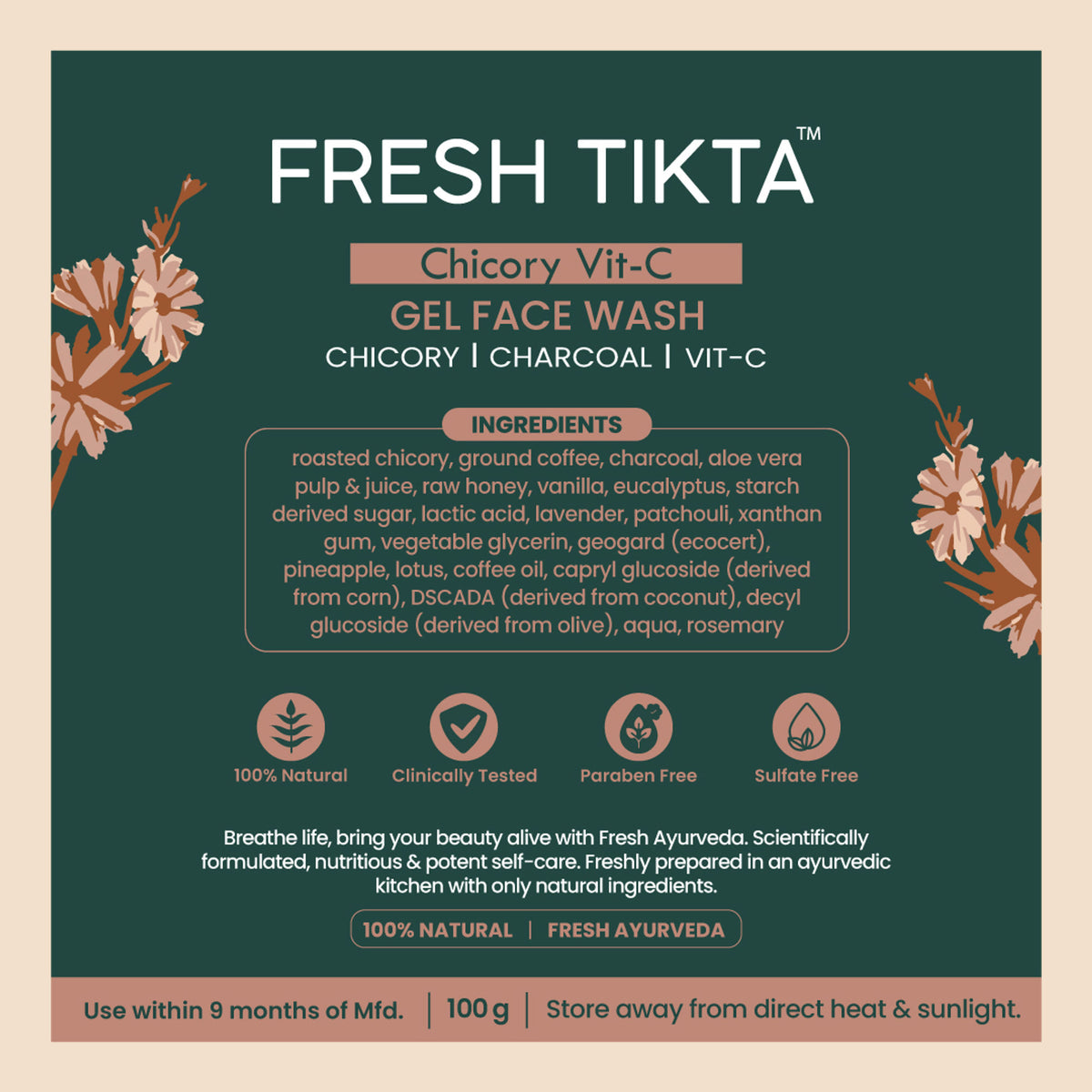 Nat Habit Tikta Roasted Chicory Face Wash (Gel) for Men, Activated Charcoal Face Wash for Skin Detox