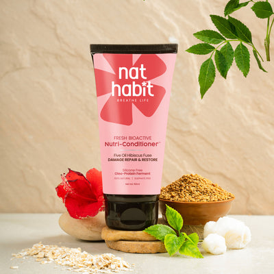 Nat Habit Five Oil Hibiscus Conditioner For Hair Fall Control, 72 Hrs Frizz Control With Fenugreek