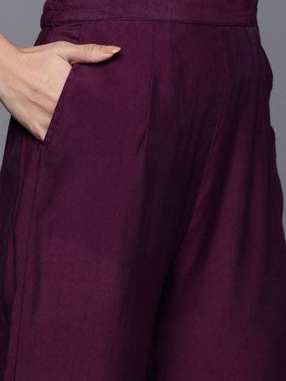 Indyancart VA Women's Aubergine & Gold Ethnic Embroidered Straight Kurta with Trousers Dupatta