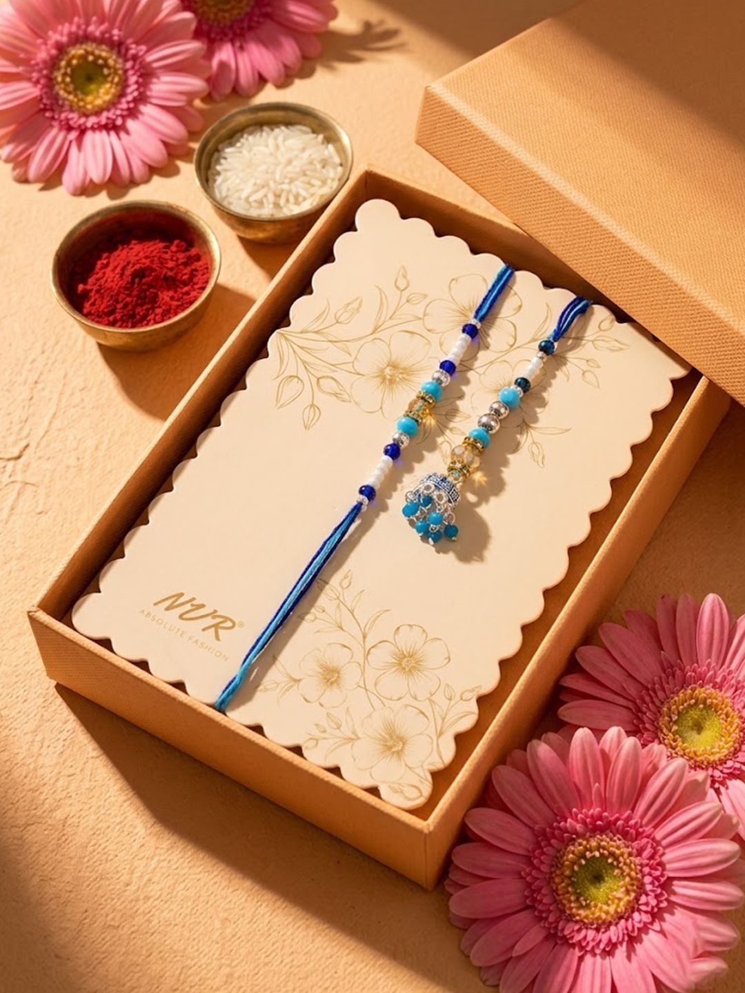 Anouk Set Of 2 Blue Artificial Beads Jhumka Design Bhaiya Bhabhi Rakhi With Roli Chawal