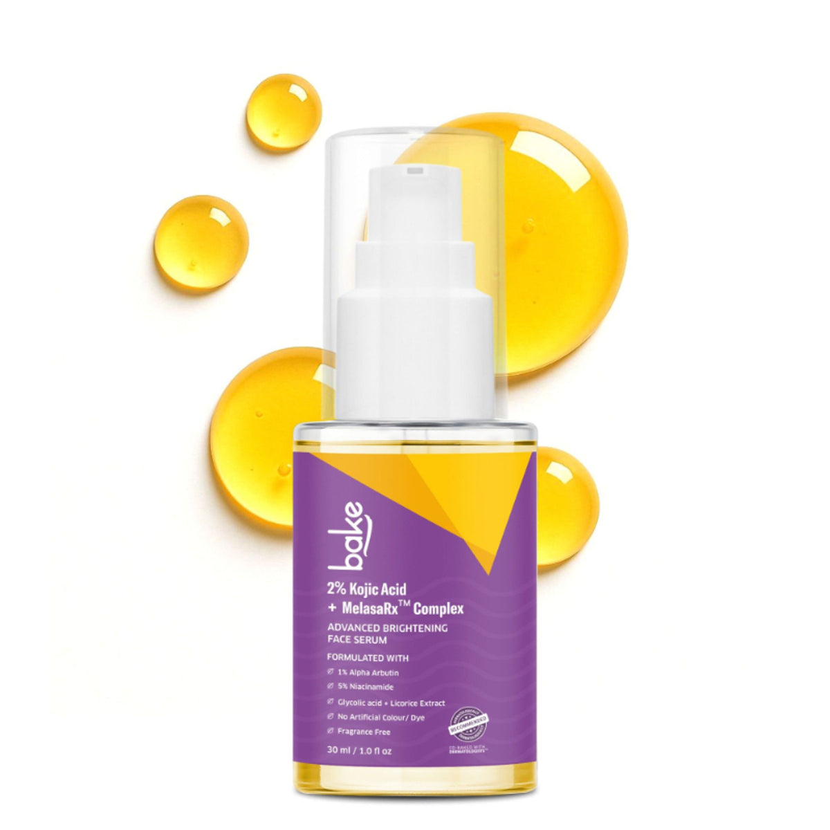 BAKE Kojic Acid Face Serum with Niacinamide for dark spots and uneven skin tone, featuring a dropper bottle with serum inside