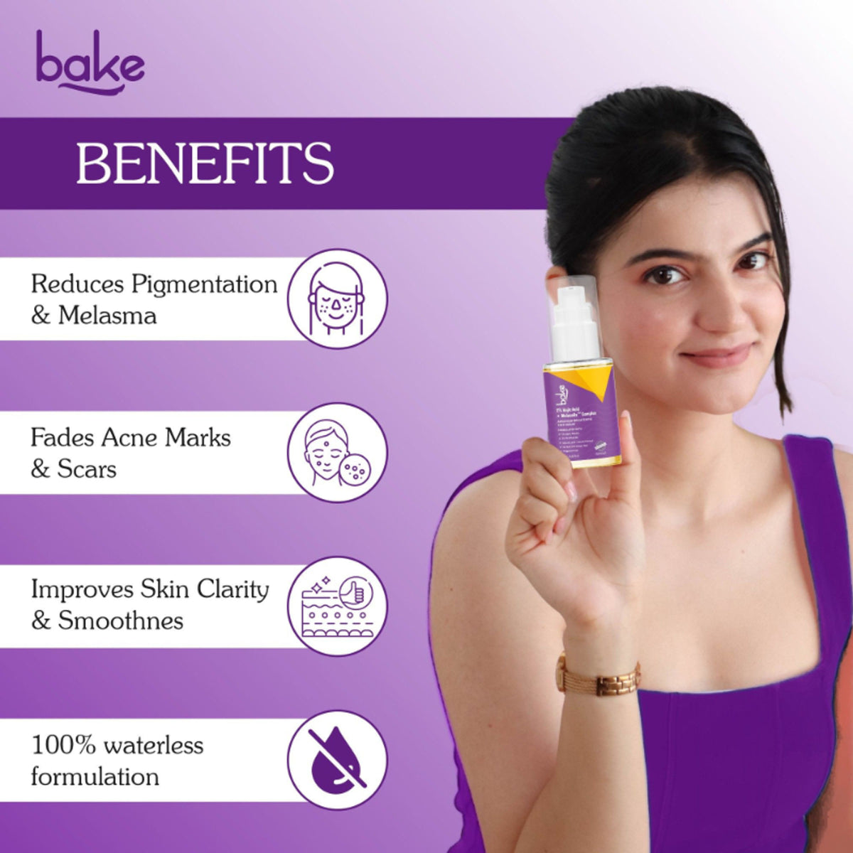BAKE Kojic Acid face serum with niacinamide for dark spots, pigmentation, and uneven skin tone, shown in a skincare bottle.