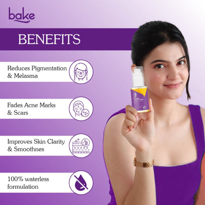 BAKE Kojic Acid face serum with niacinamide for dark spots, pigmentation, and uneven skin tone, shown in a skincare bottle.